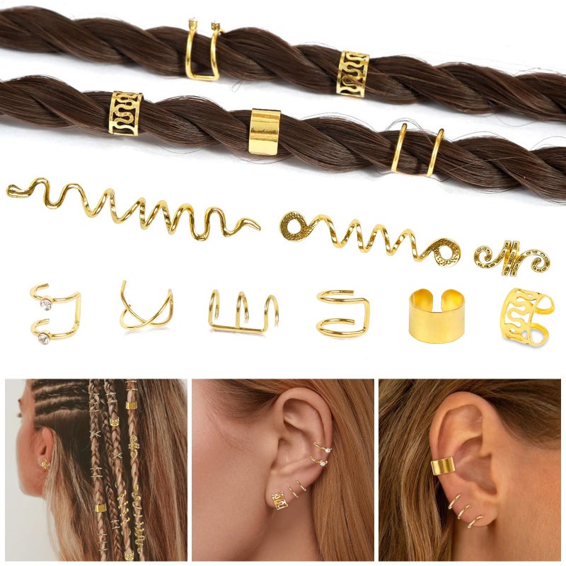 TEBIEKOY 15 Pcs Gold Hair Accessories for Braids Snake Hair Jewelry Non-Piercing Ear Clip Dreadlock Beads Metal Hair Clip Decoration for Women Men Halloween Styling,Gold - Image 3